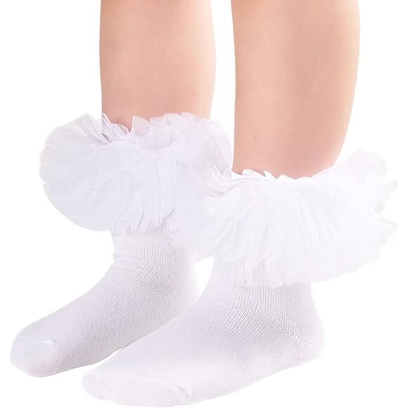 Girls Ruffle Socks for Little Girls 2 Pack Size M (4-6 YO) White & Hot Pink - Picture 3 of 4